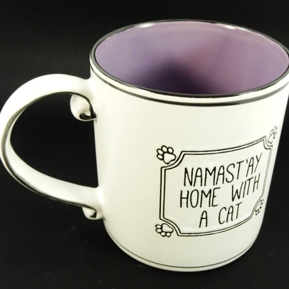 Namast'ay Home with a Cat Yoga Namaste Large Coffee Mug White Purple - Picture 3 of 8